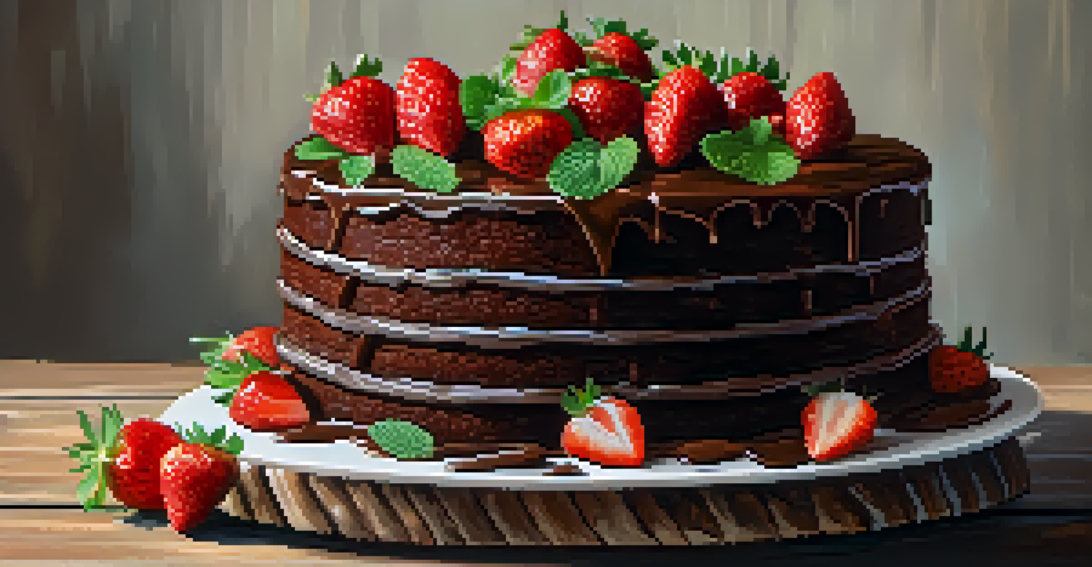 A close-up of a chocolate cake decorated with strawberries and mint leaves, set on a wooden table with soft lighting.
