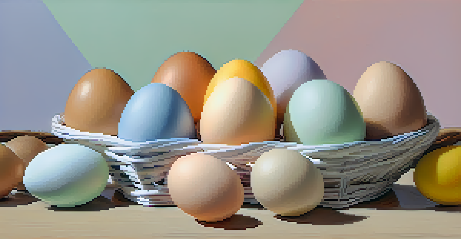 A basket filled with different colored eggs, each labeled with various asset classes, set against a soft pastel gradient background.