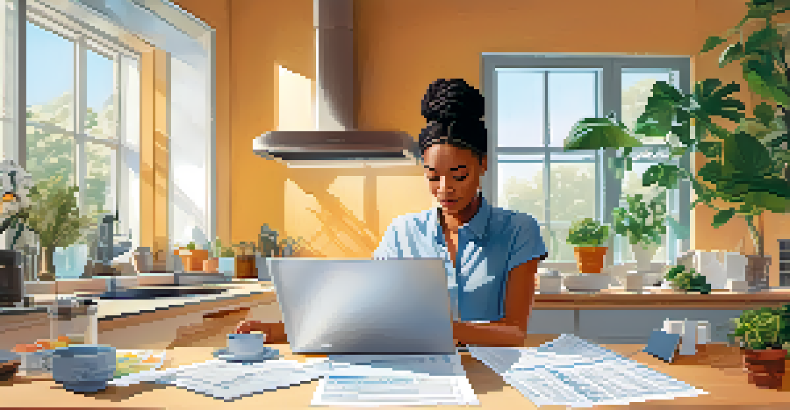 A person analyzing financial documents at a kitchen table with a laptop and calculator.