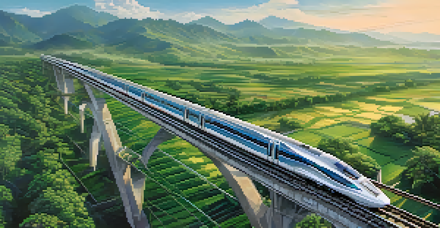 An aerial view of a high-speed rail project in Indonesia with sleek trains and lush landscapes, showcasing modern infrastructure in harmony with nature.
