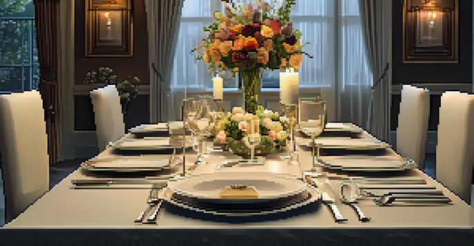 An elegant dining table set for a gourmet meal with arranged plates, silverware, candles, and a floral centerpiece.