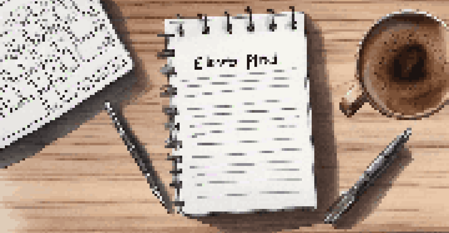 A notepad with handwritten notes on an elevator pitch, placed on a wooden desk with a pen, coffee cup, and laptop in the background.