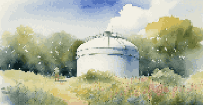 A peaceful landscape with a water tank in a green field, where a person is inspecting it under a clear blue sky.