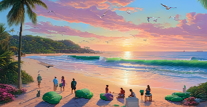 A coastal scene at sunrise with marine conservationists cleaning plastic waste from the beach, surrounded by palm trees and a colorful sky.