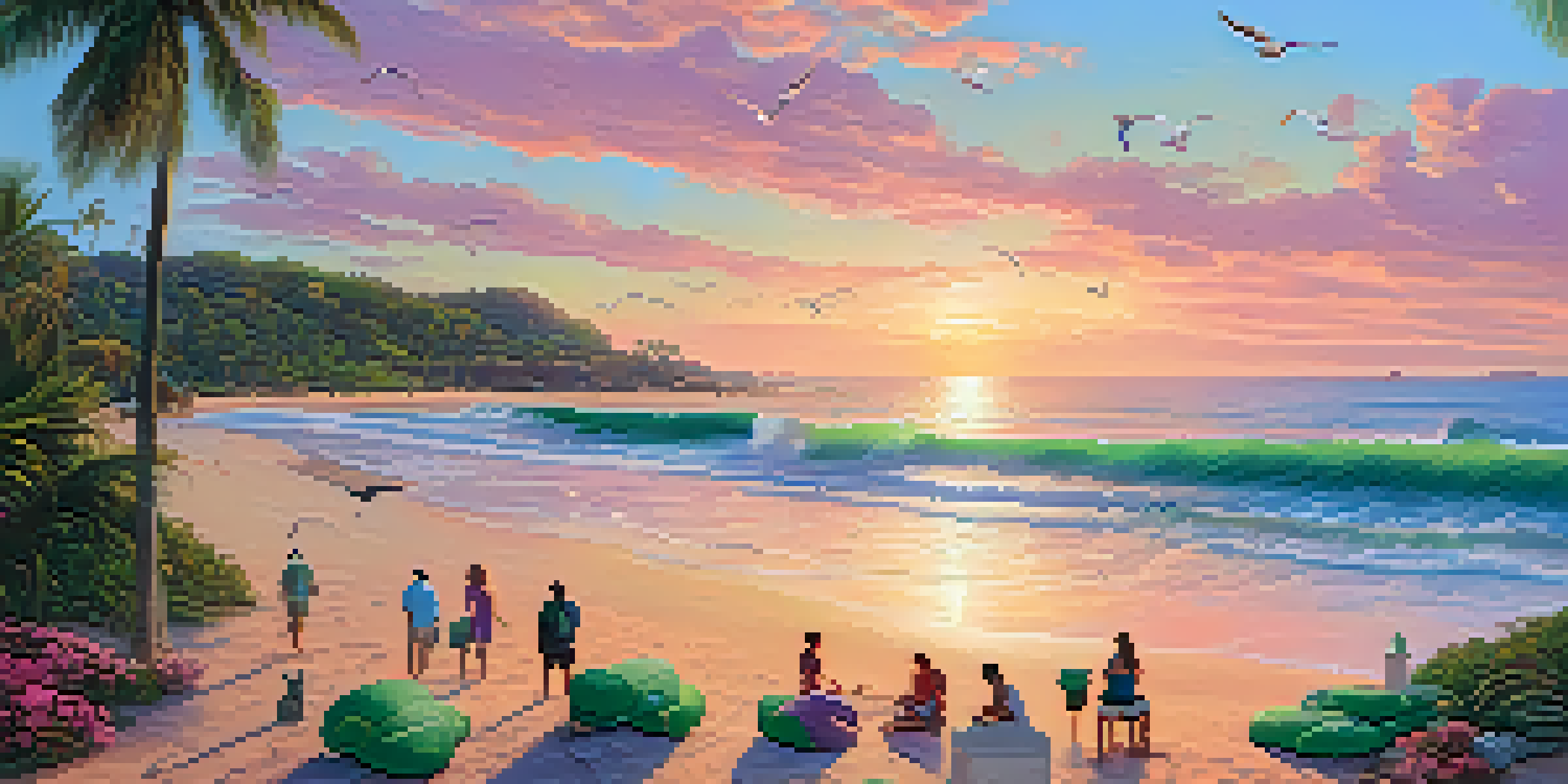 A coastal scene at sunrise with marine conservationists cleaning plastic waste from the beach, surrounded by palm trees and a colorful sky.