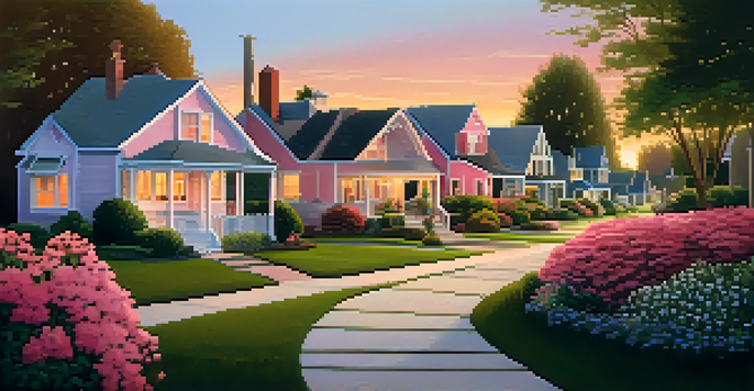 A peaceful suburban neighborhood at sunset with houses and a couple discussing investment plans.