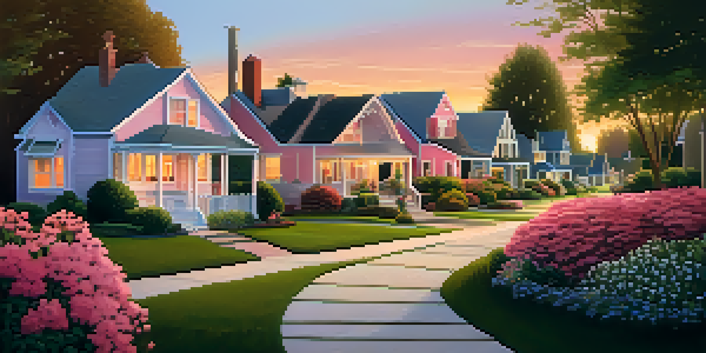 A peaceful suburban neighborhood at sunset with houses and a couple discussing investment plans.