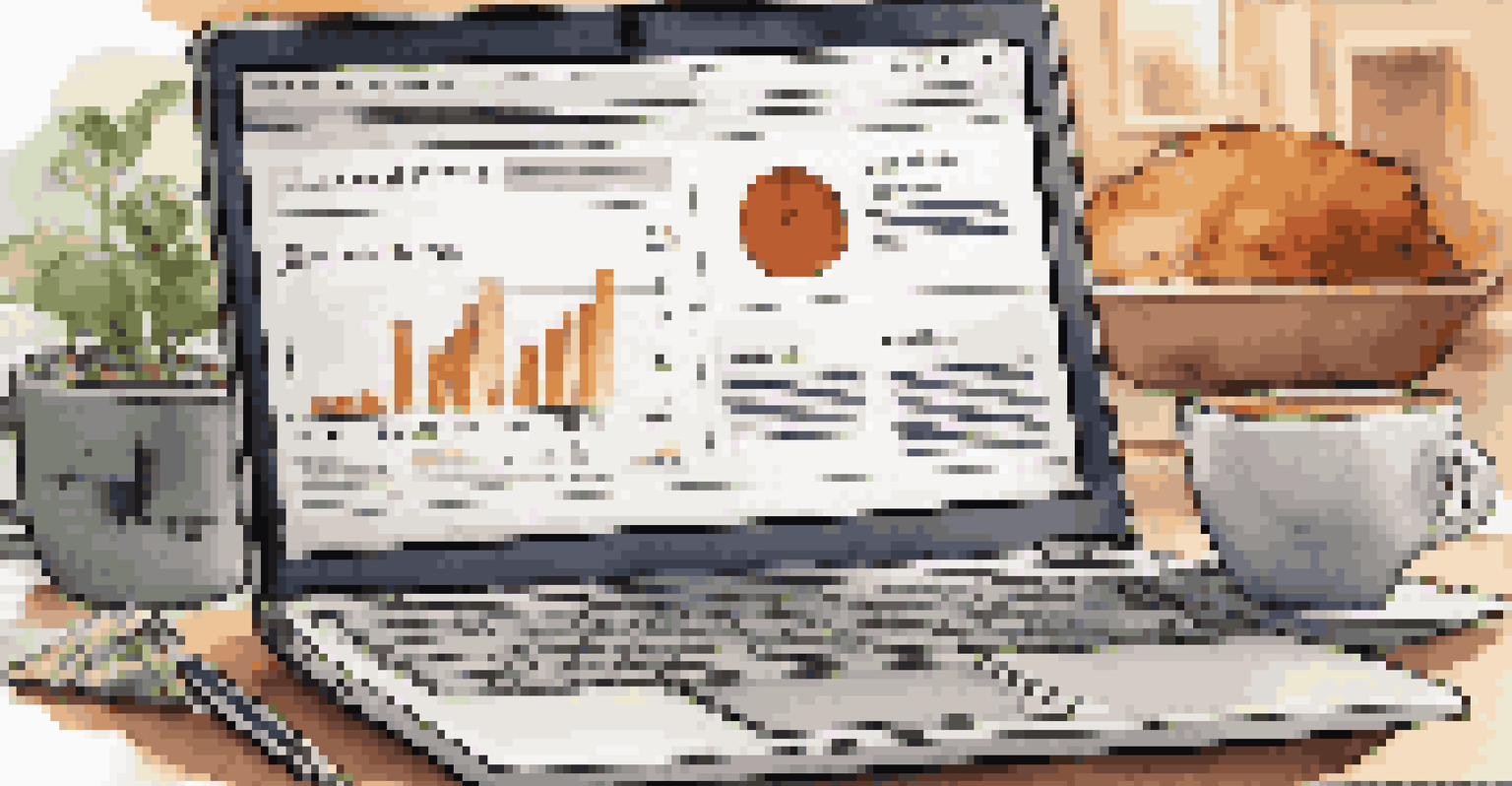 A laptop screen showing financial news, with a coffee cup and notepad in a café setting.