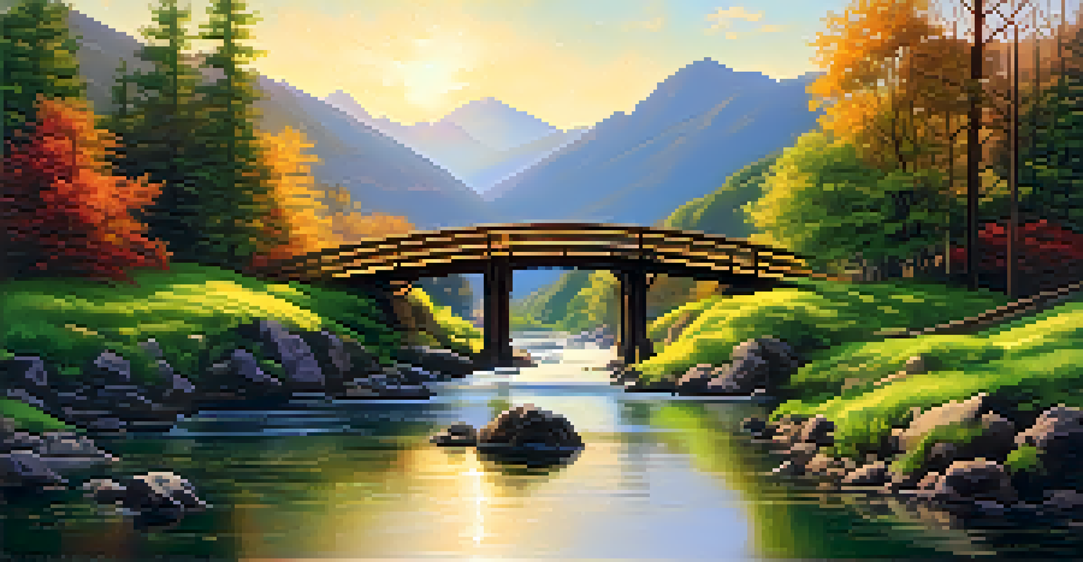 A tranquil landscape featuring a winding river and lush greenery, with mountains in the background and a wooden bridge crossing the river.