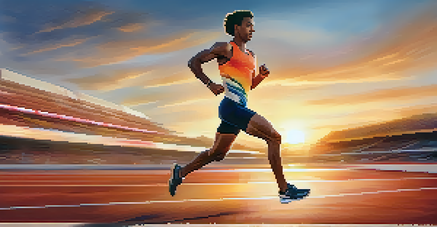 A determined runner sprinting on a track, symbolizing the urgency and excitement of short-term investments, with a vibrant sunset in the background.