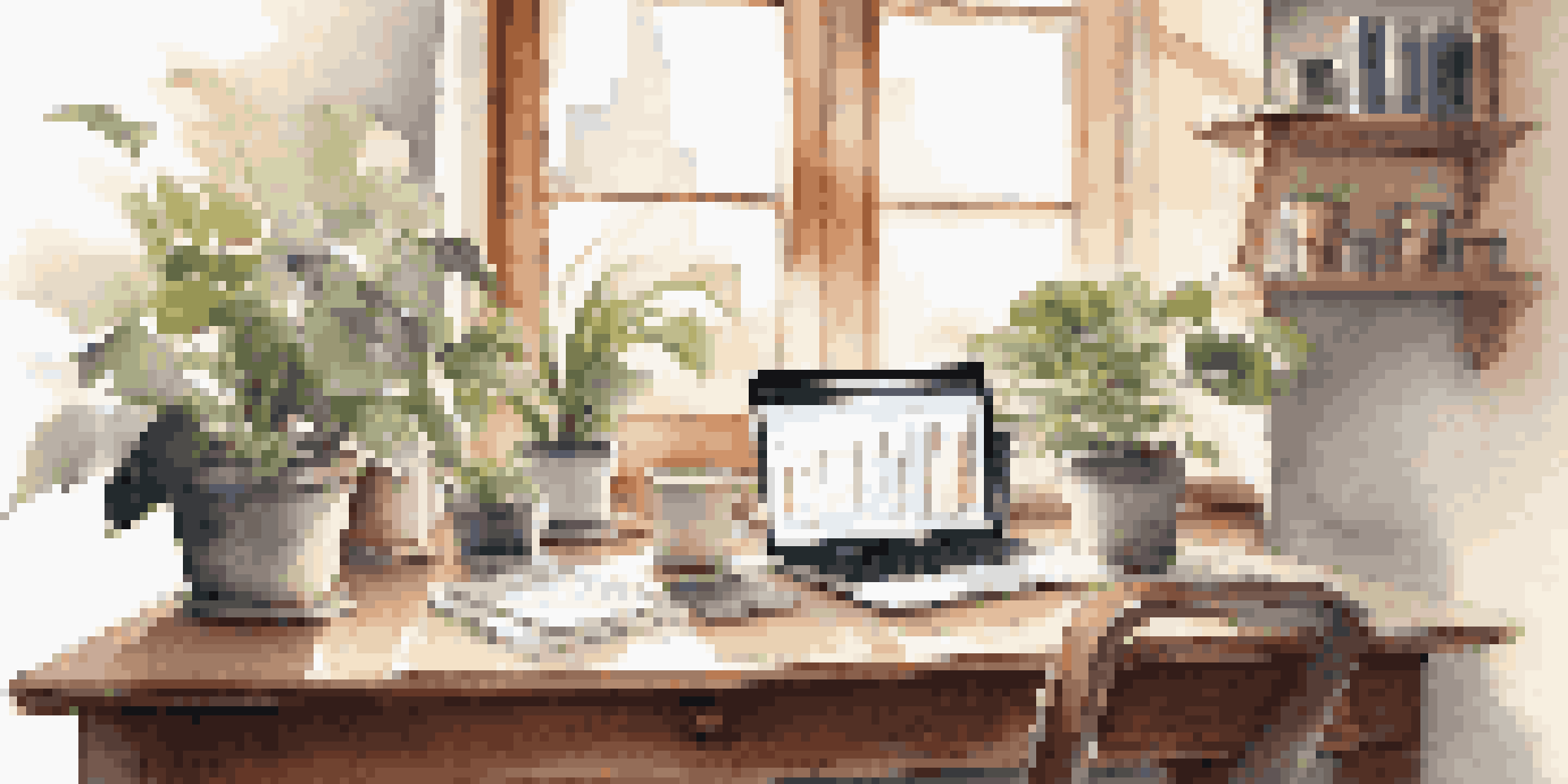 A peaceful workspace featuring a wooden desk with a laptop showing financial charts, a potted plant, and a coffee mug, illuminated by soft natural light.