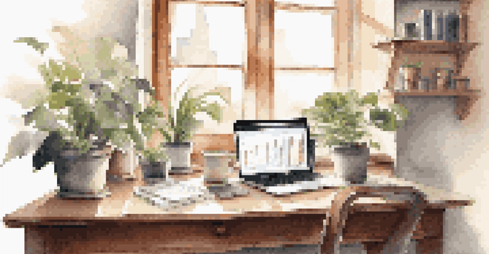 A peaceful workspace featuring a wooden desk with a laptop showing financial charts, a potted plant, and a coffee mug, illuminated by soft natural light.