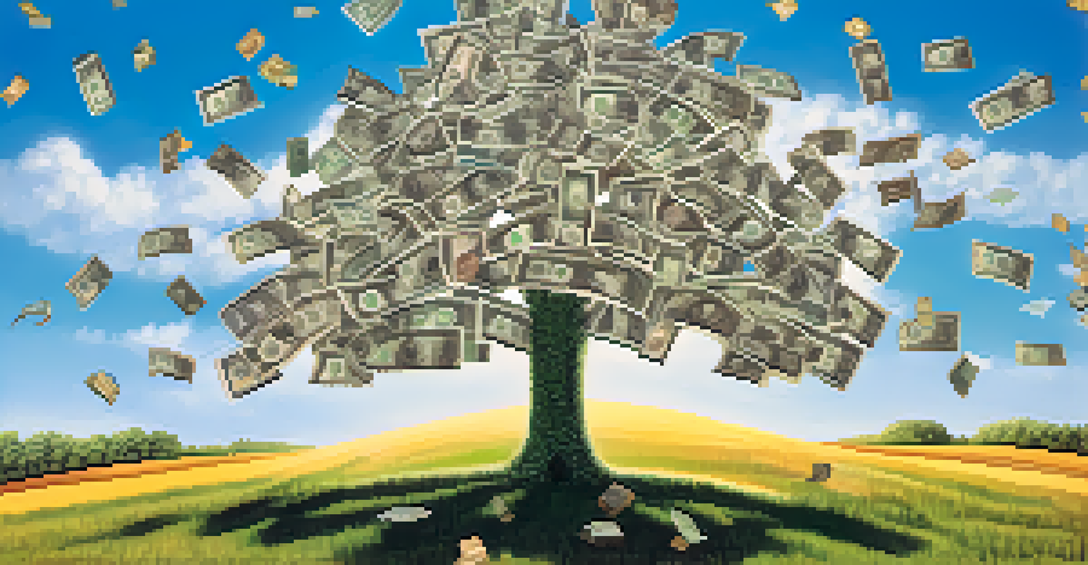 A conceptual tree made of money in a sunny field, symbolizing financial growth and stability.