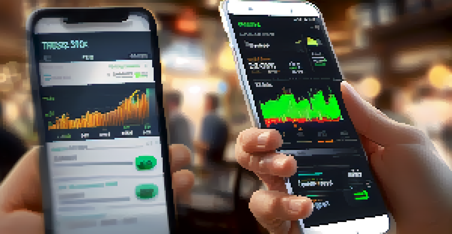 A close-up of a hand holding a smartphone with a stock trading app in a busy coffee shop.