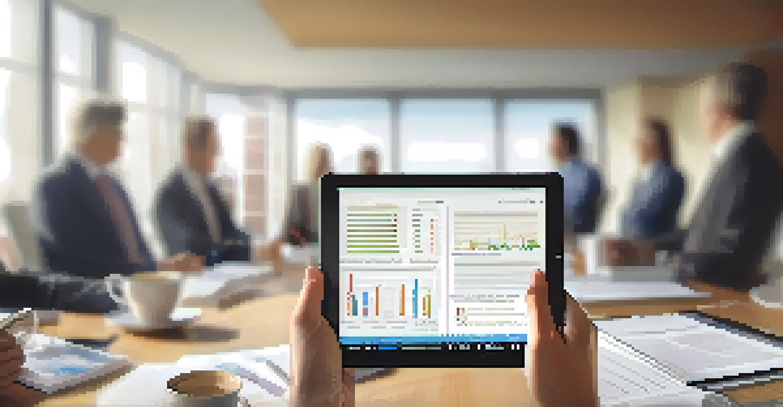 Close-up of hands holding a tablet with financial data, set in a conference room with a warm atmosphere.