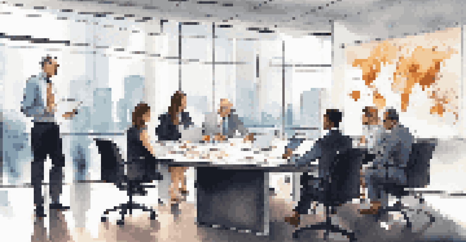 A modern office conference room with diverse professionals discussing economic strategies, surrounded by charts on screens.