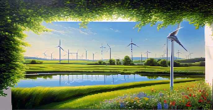 A green field with solar panels and a wind turbine in the background, under a clear blue sky, depicting renewable energy.