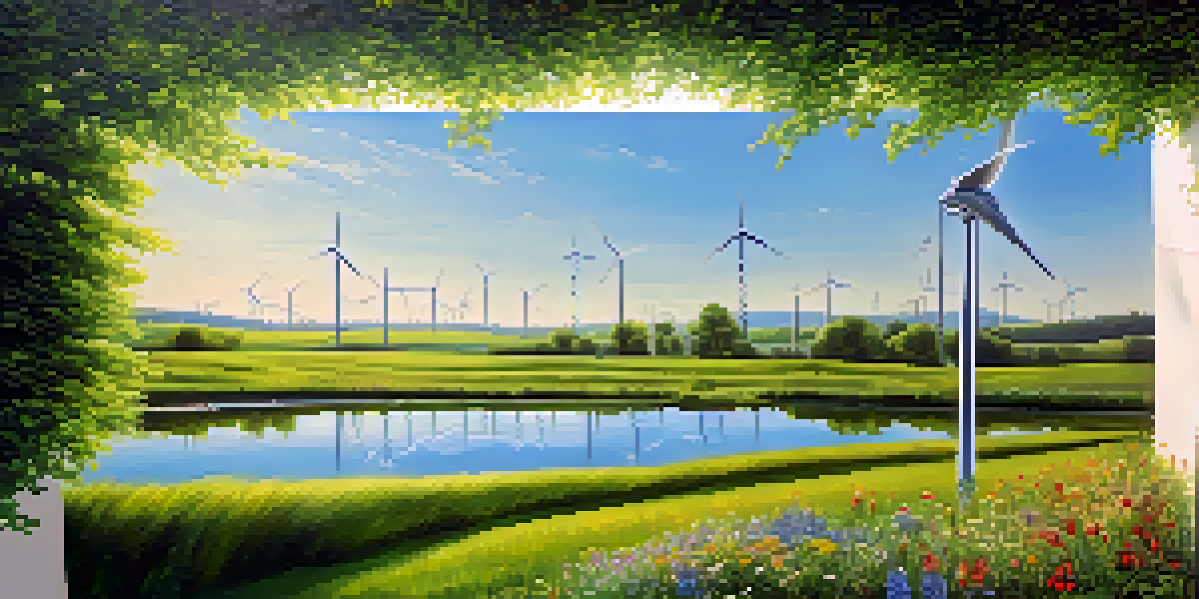 A green field with solar panels and a wind turbine in the background, under a clear blue sky, depicting renewable energy.