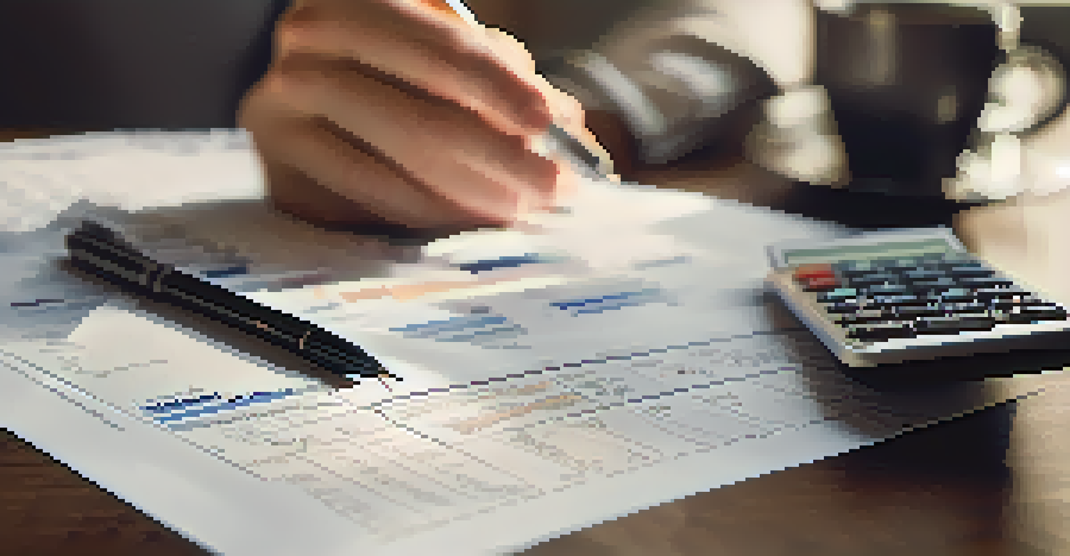 A close-up of a hand holding a pen over a financial plan document with a calculator and smartphone in the background.
