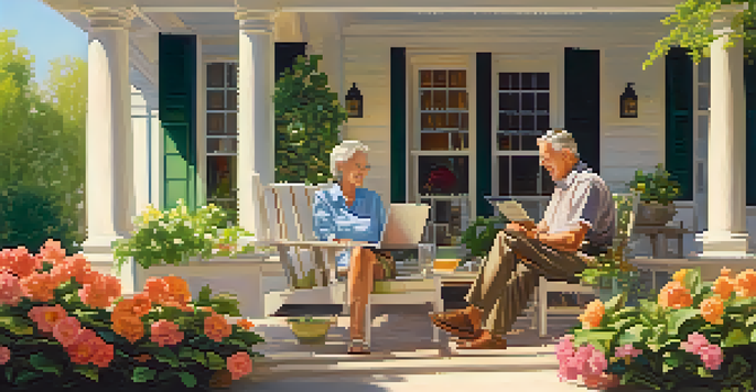 An elderly couple relaxing on a porch with financial documents and a laptop, surrounded by greenery.