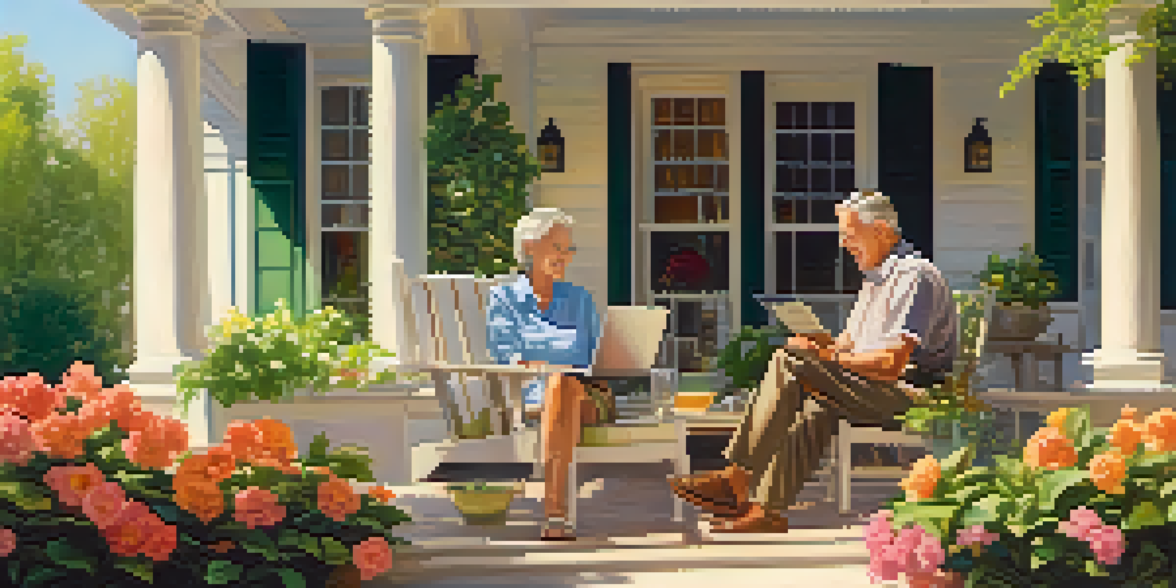 An elderly couple relaxing on a porch with financial documents and a laptop, surrounded by greenery.