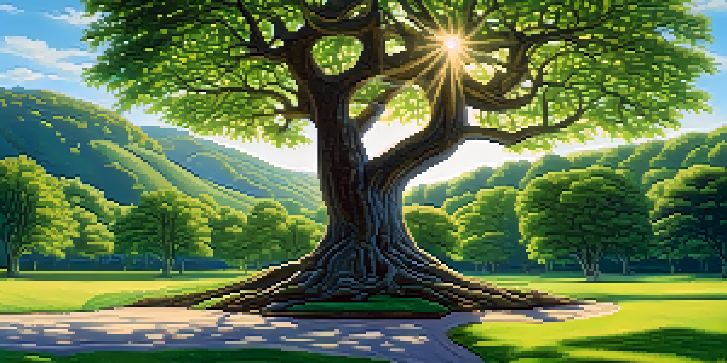 A large, flourishing tree in a serene landscape, surrounded by green grass and a clear blue sky, symbolizing growth and stability.