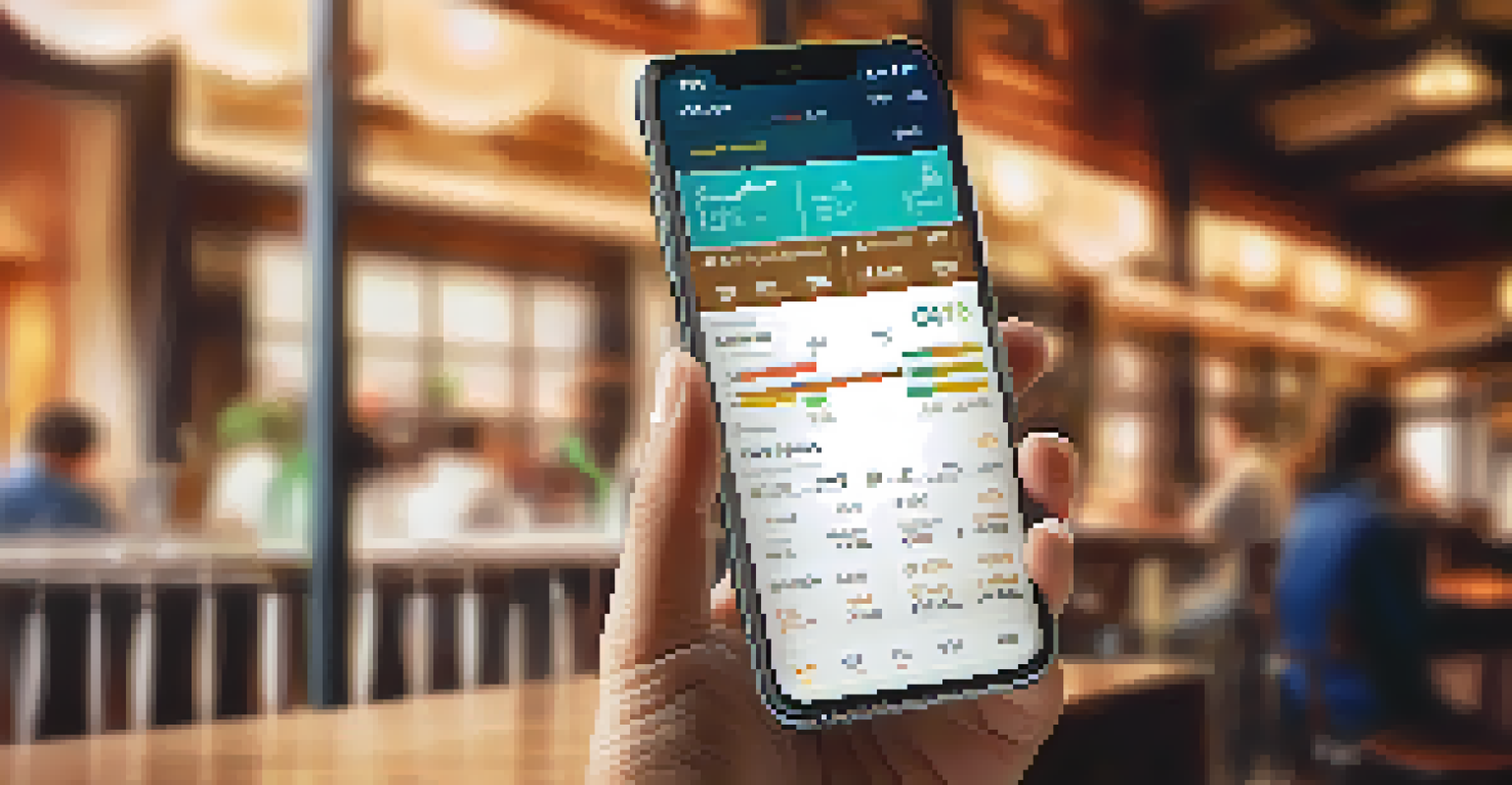 A close-up of a hand holding a smartphone showing stock market graphs in a cozy coffee shop.