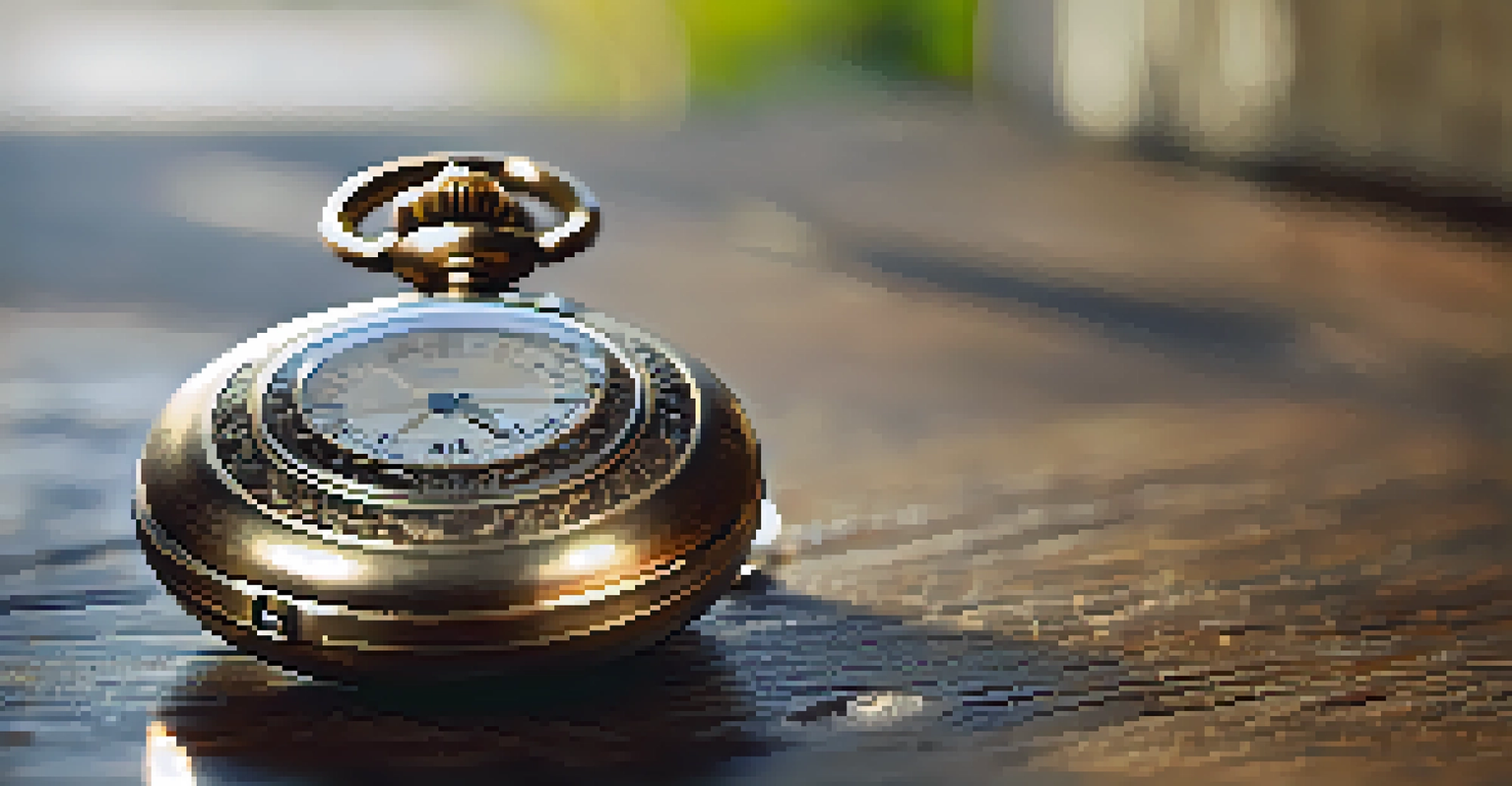 A vintage pocket watch with engravings lying on a wooden table, illuminated by warm light.