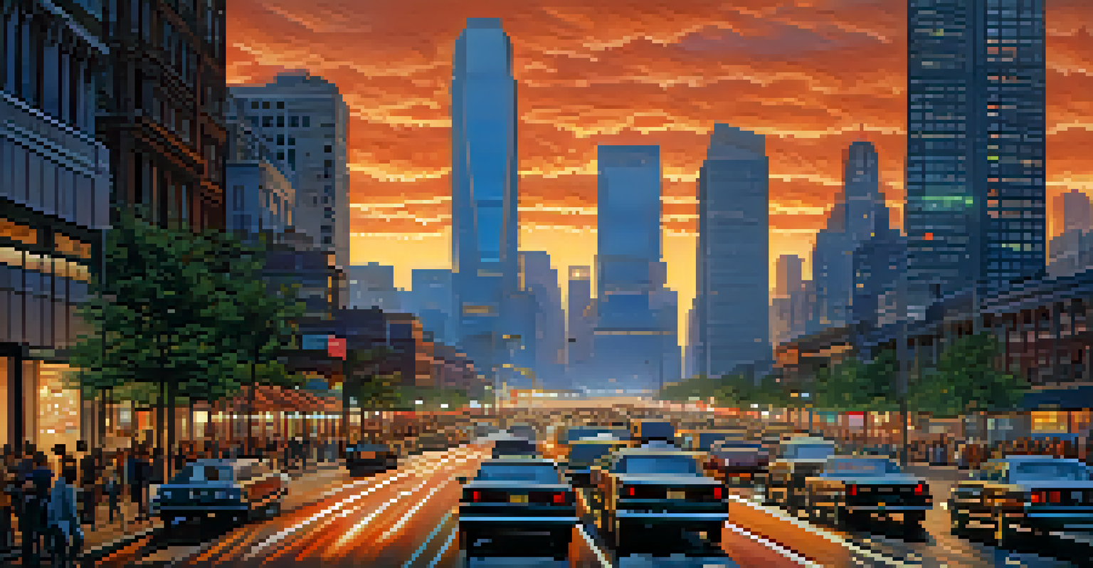 A vibrant city skyline at dusk with illuminated skyscrapers and a busy street below.