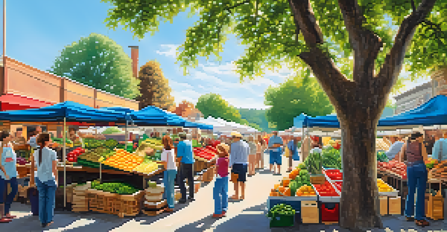 A lively farmer's market filled with fresh produce and people interacting under bright sunlight.