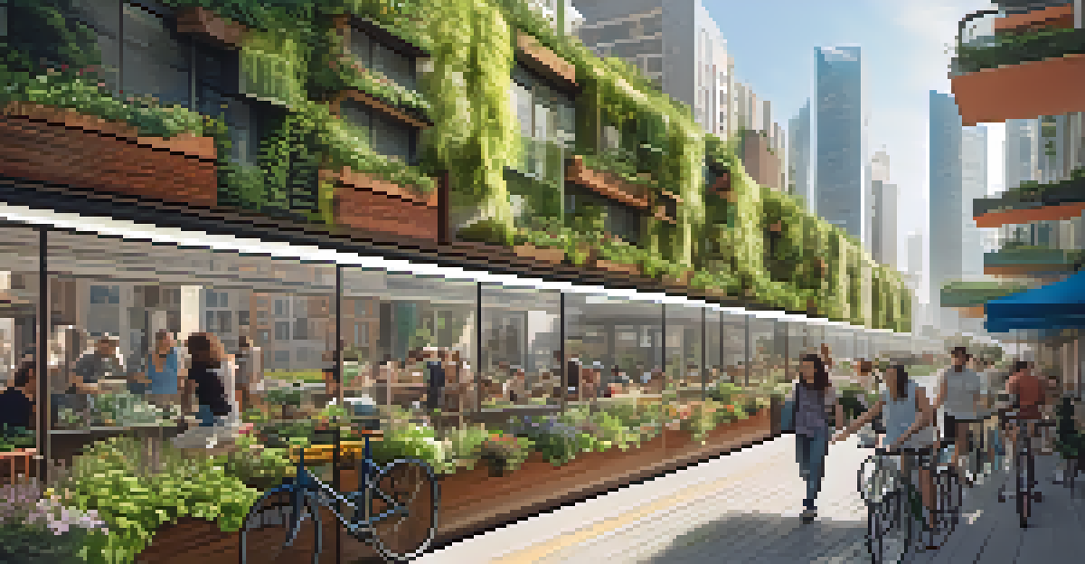 A vibrant city with green buildings and solar panels, showcasing eco-friendly transportation.