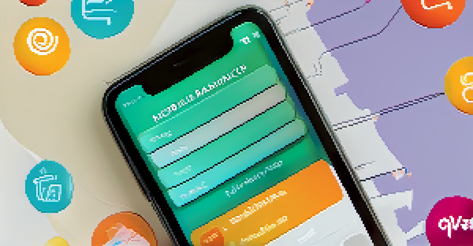 A close-up view of a smartphone displaying a mobile banking app interface with icons for savings and loans.