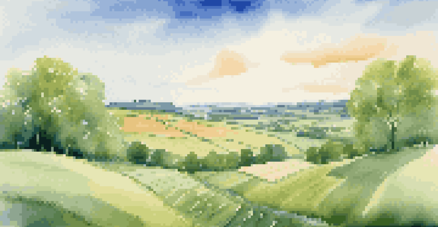 A tranquil landscape illustrating diversification in investments, with a field divided into different asset classes.