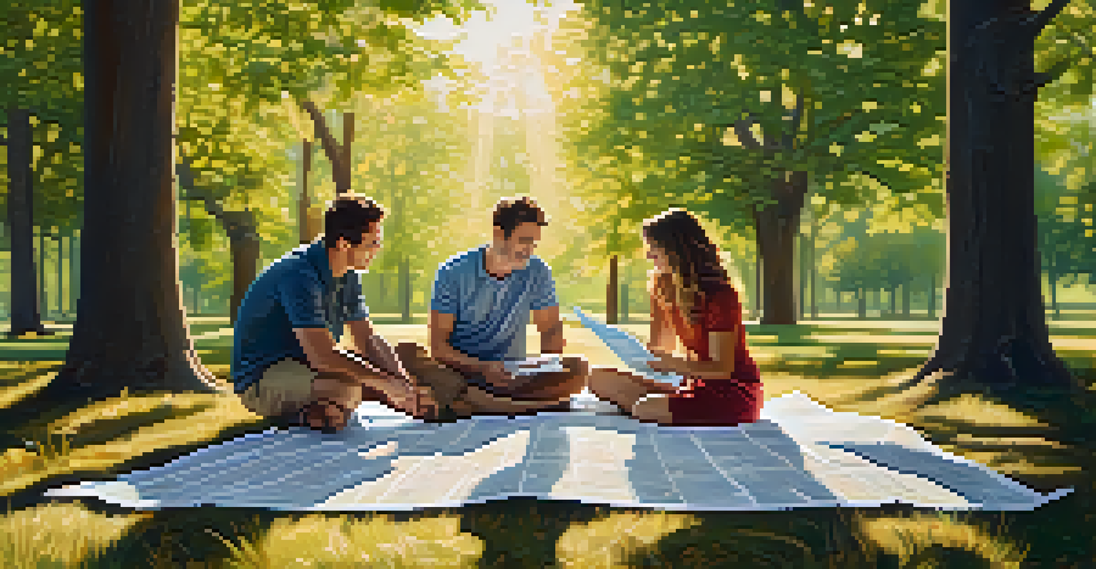 A couple standing in a park with a roadmap, smiling and discussing their joint financial journey.