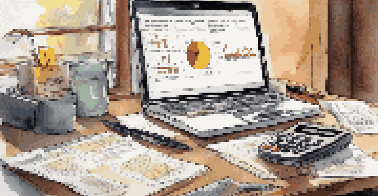 Close-up of a financial planner's desk with a calculator, reports, and a cup of tea, illuminated by a desk lamp.