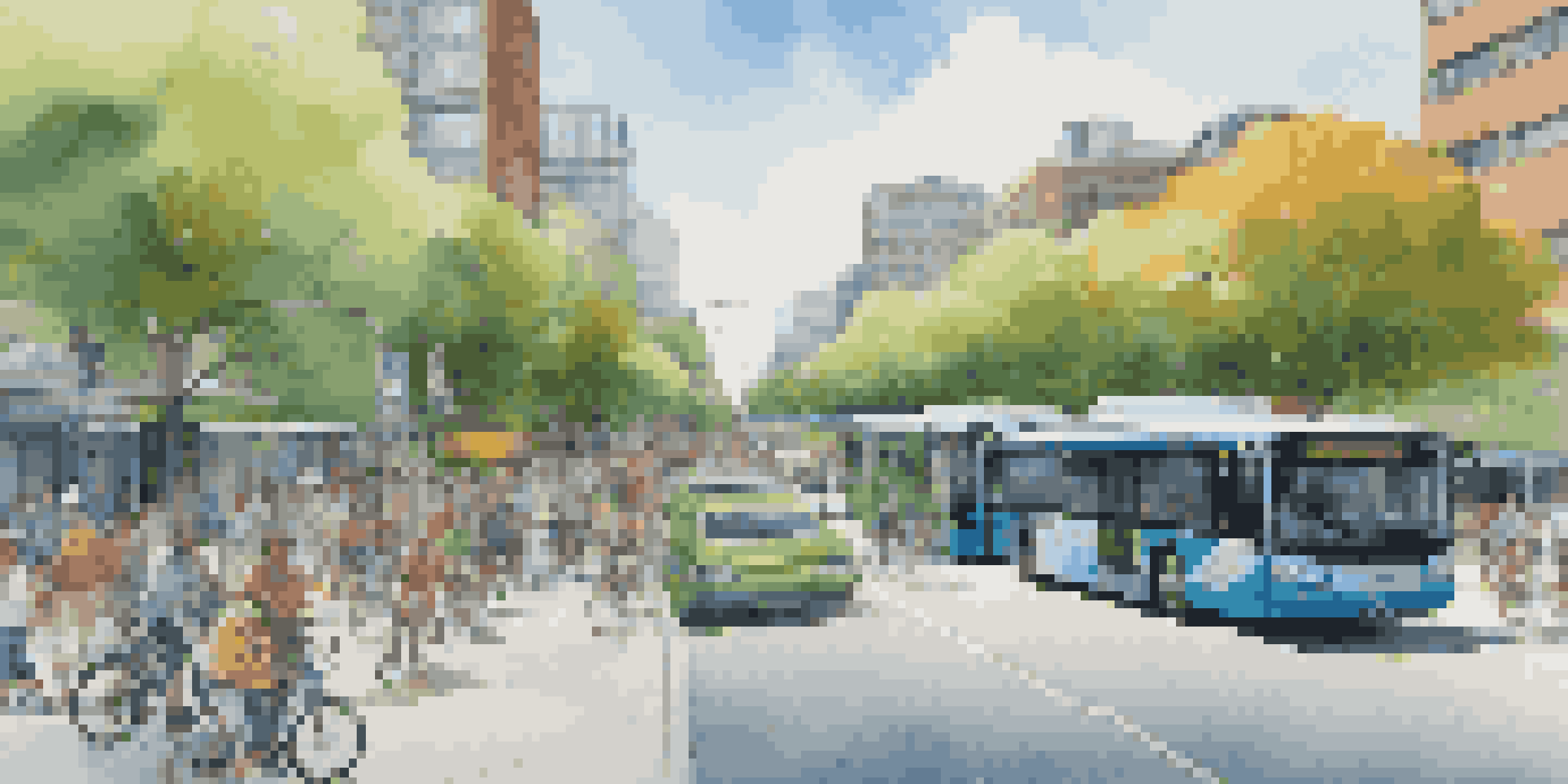 An urban street filled with electric buses and cyclists, surrounded by modern buildings with green rooftops and solar panels under a clear blue sky.