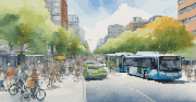 An urban street filled with electric buses and cyclists, surrounded by modern buildings with green rooftops and solar panels under a clear blue sky.