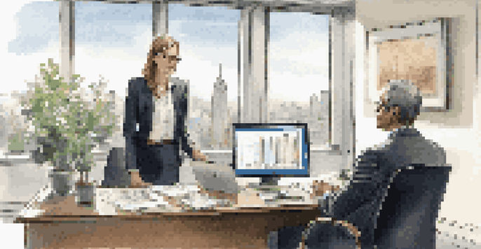 A financial advisor discusses investment strategies with a client in a bright office, showcasing a city skyline through large windows.