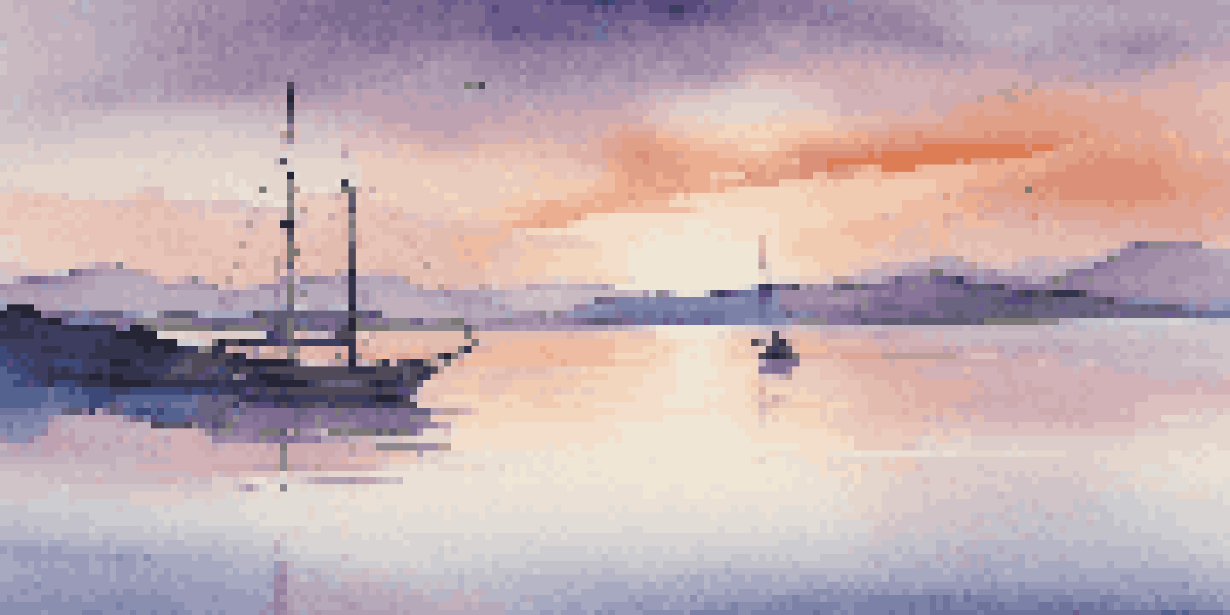 A tranquil sea with a small sailboat under a colorful twilight sky, reflecting the serene atmosphere.