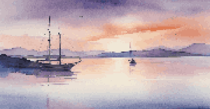 A tranquil sea with a small sailboat under a colorful twilight sky, reflecting the serene atmosphere.