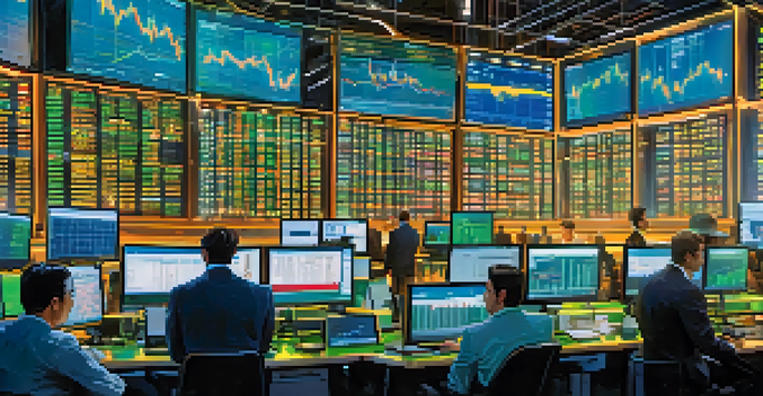 A busy Forex trading floor with traders conversing, large screens showing currency data, and bright lights.