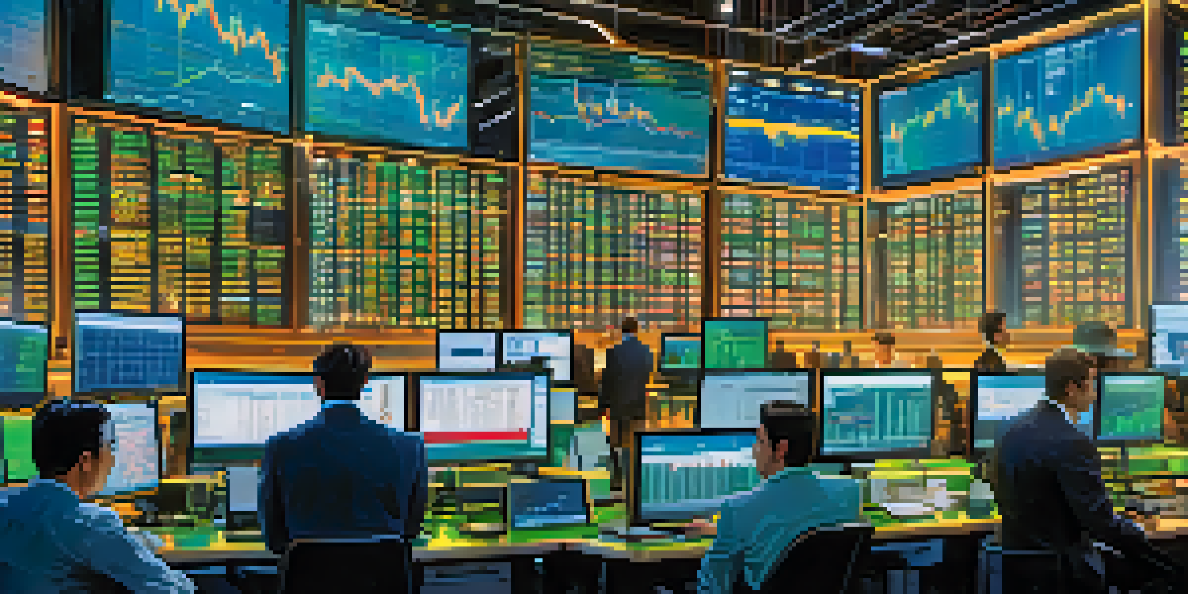 A busy Forex trading floor with traders conversing, large screens showing currency data, and bright lights.