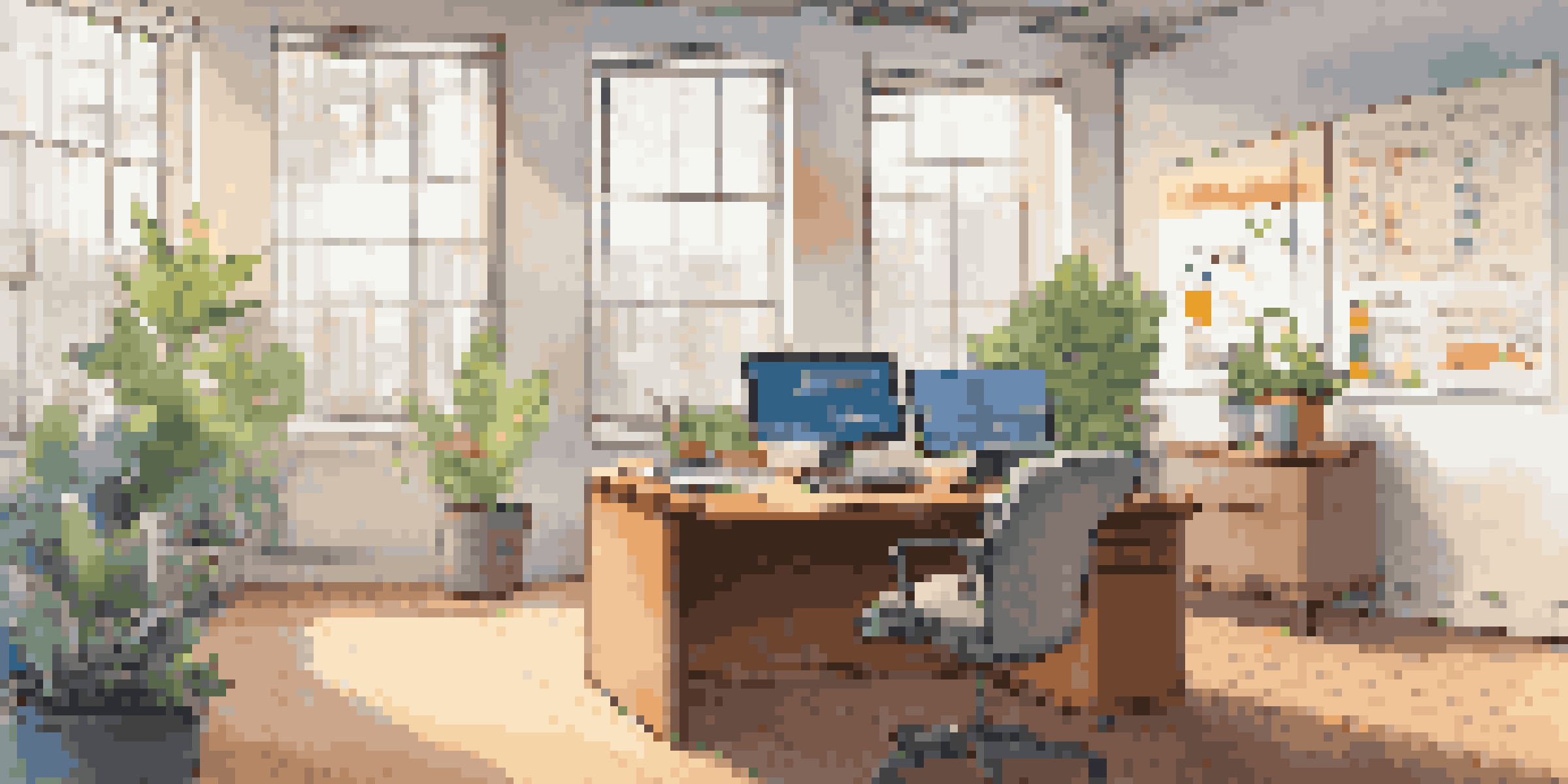 A tranquil office setting featuring a wooden desk with a laptop and financial graphs, a potted plant, and motivational quotes on the walls.