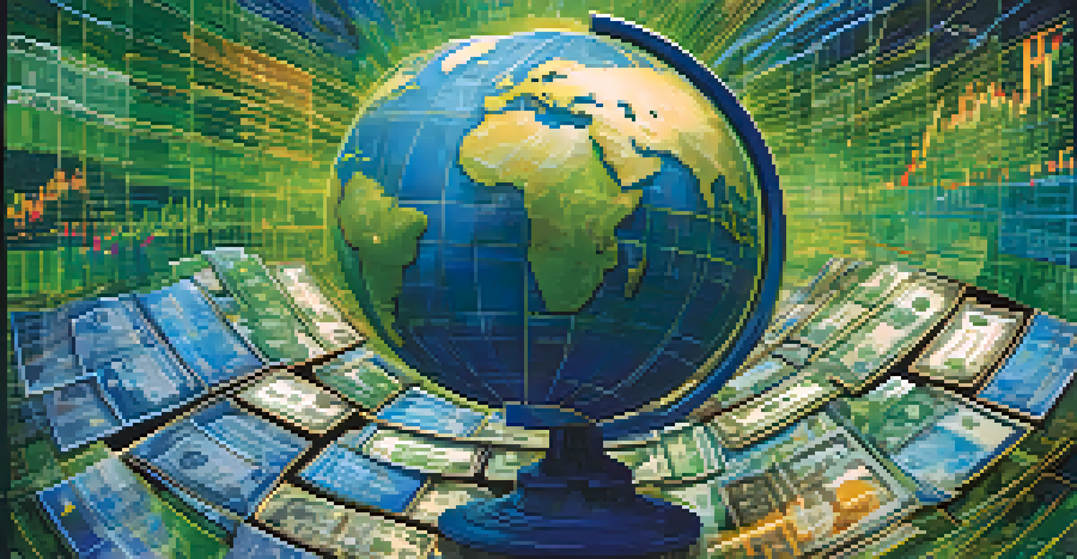 An abstract globe surrounded by currency symbols and stock market data, symbolizing global investment strategies.