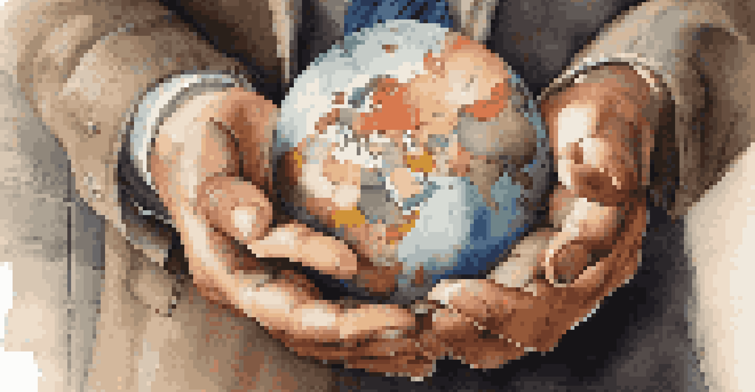 Close-up of hands holding a detailed globe, representing global finance and cultural diversity, with financial documents blurred in the background.