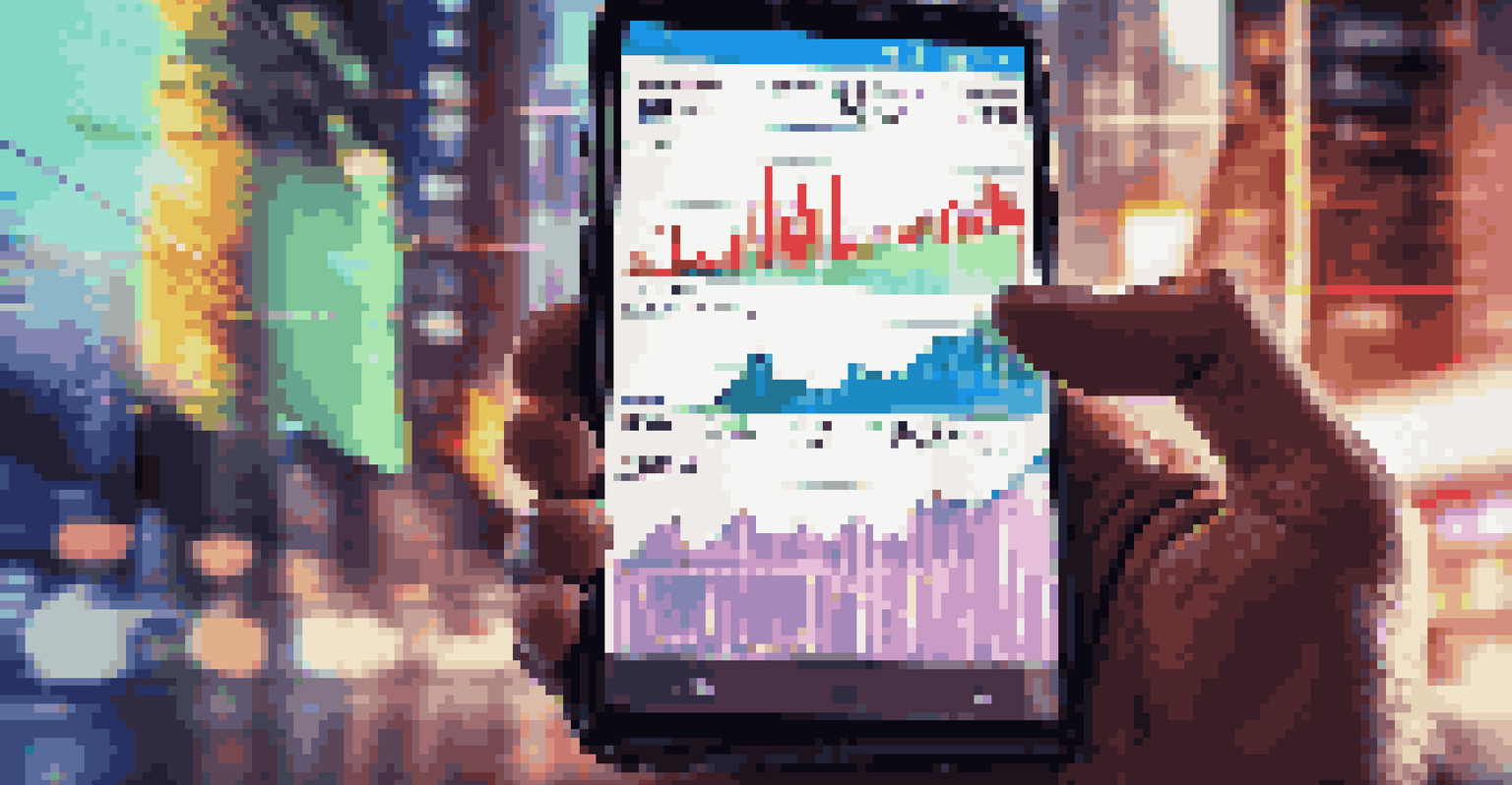 A close-up of a hand holding a smartphone with stock market data, in a busy financial district.
