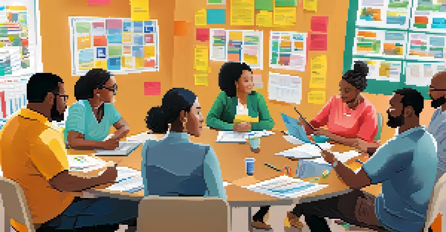 A diverse group of individuals participating in a community financial literacy workshop, collaborating at a round table with charts and laptops.