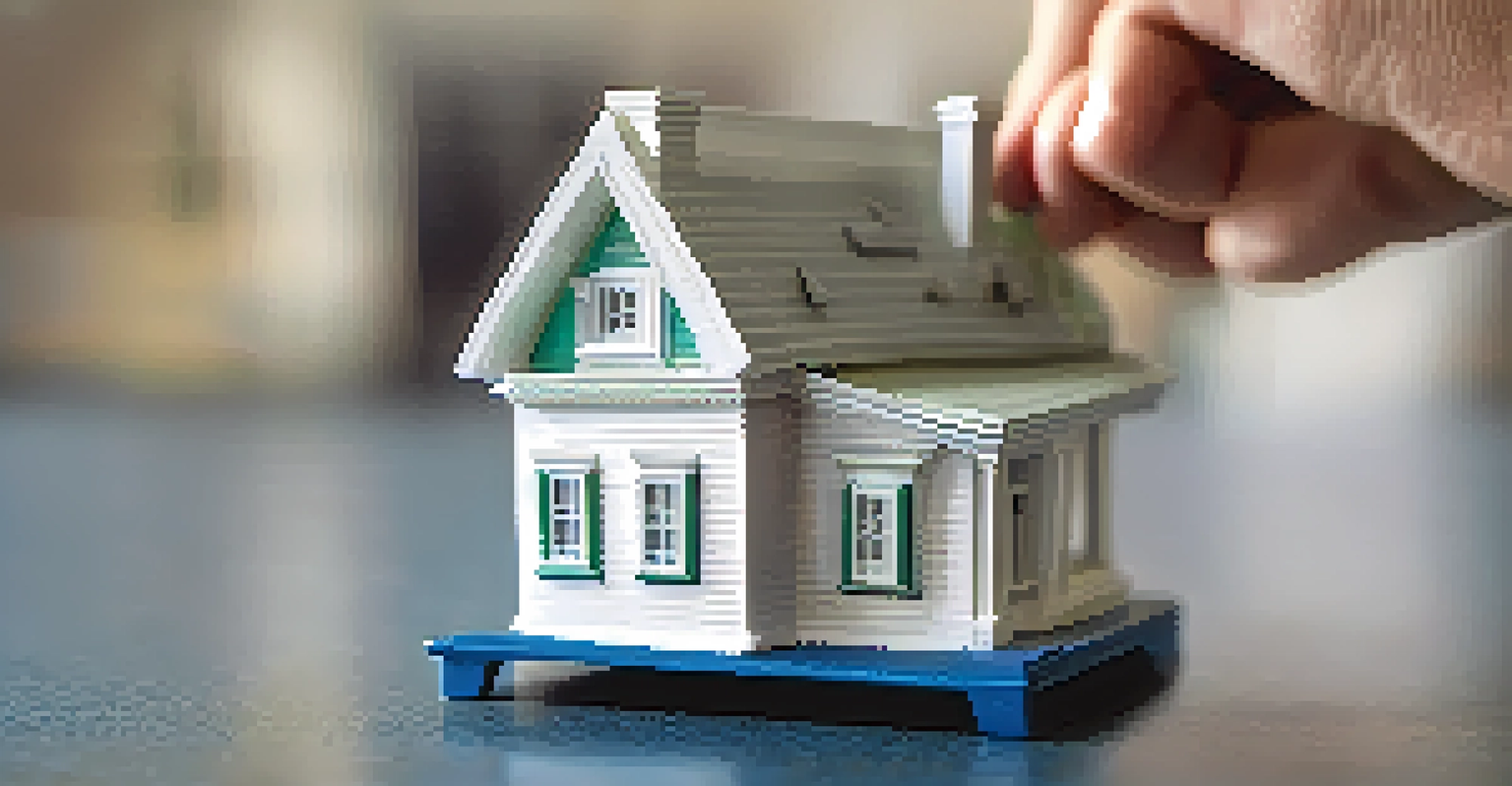 A hand holding a model house with a 'For Sale' sign, set against a blurred background.