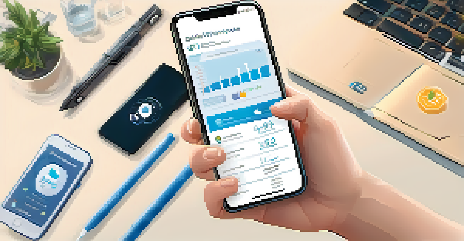 A hand holding a smartphone showing a DeFi application with financial icons, set against a warm-lit desk with documents and a plant.