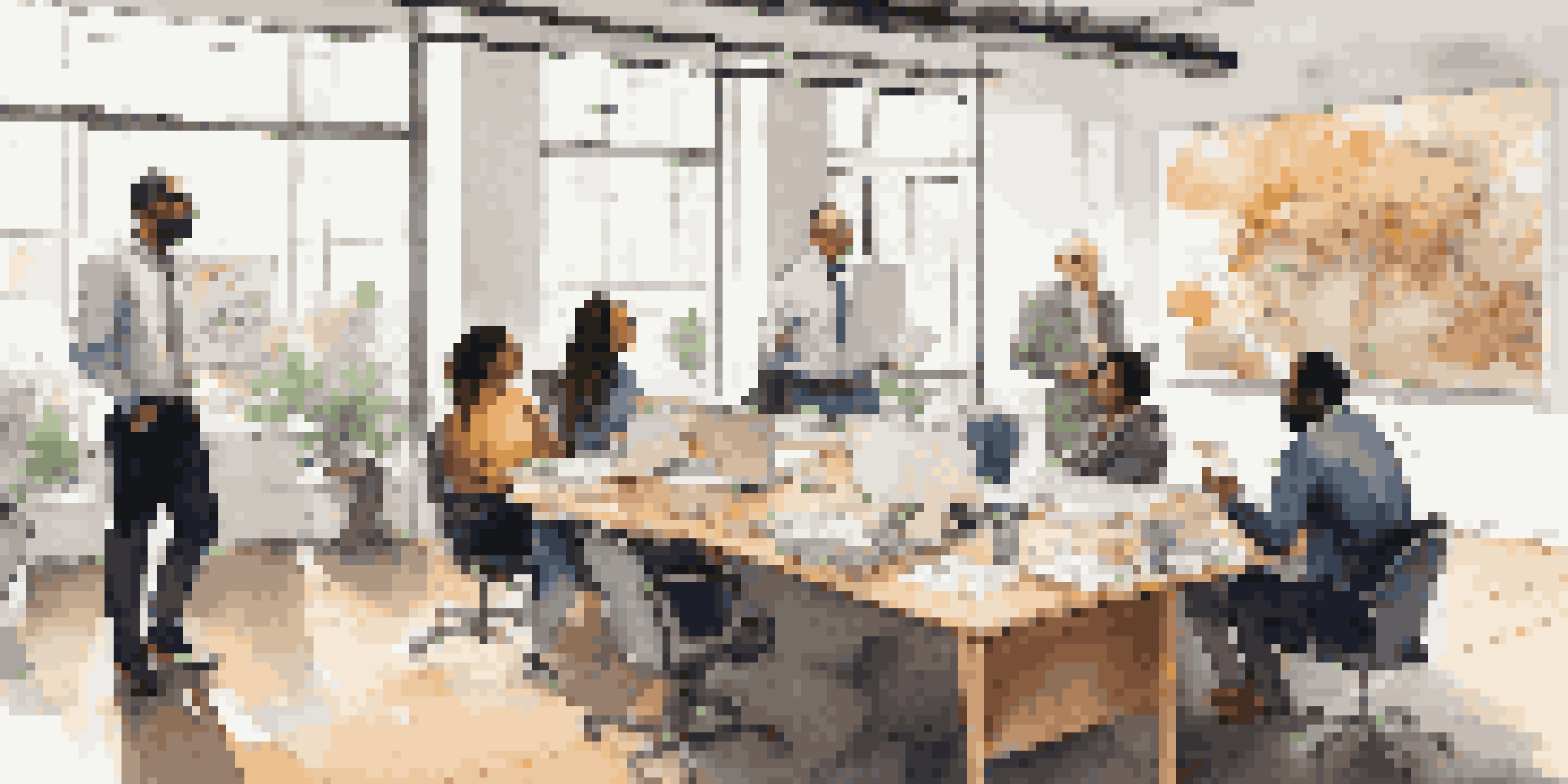 A diverse group of professionals having a collaborative meeting in a bright office with large windows, surrounded by inspirational artwork.